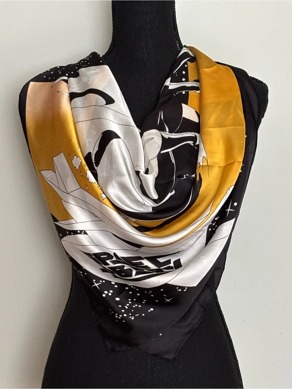 Space Derby Graphic Satin Silk Scarf in Black, White & Gold